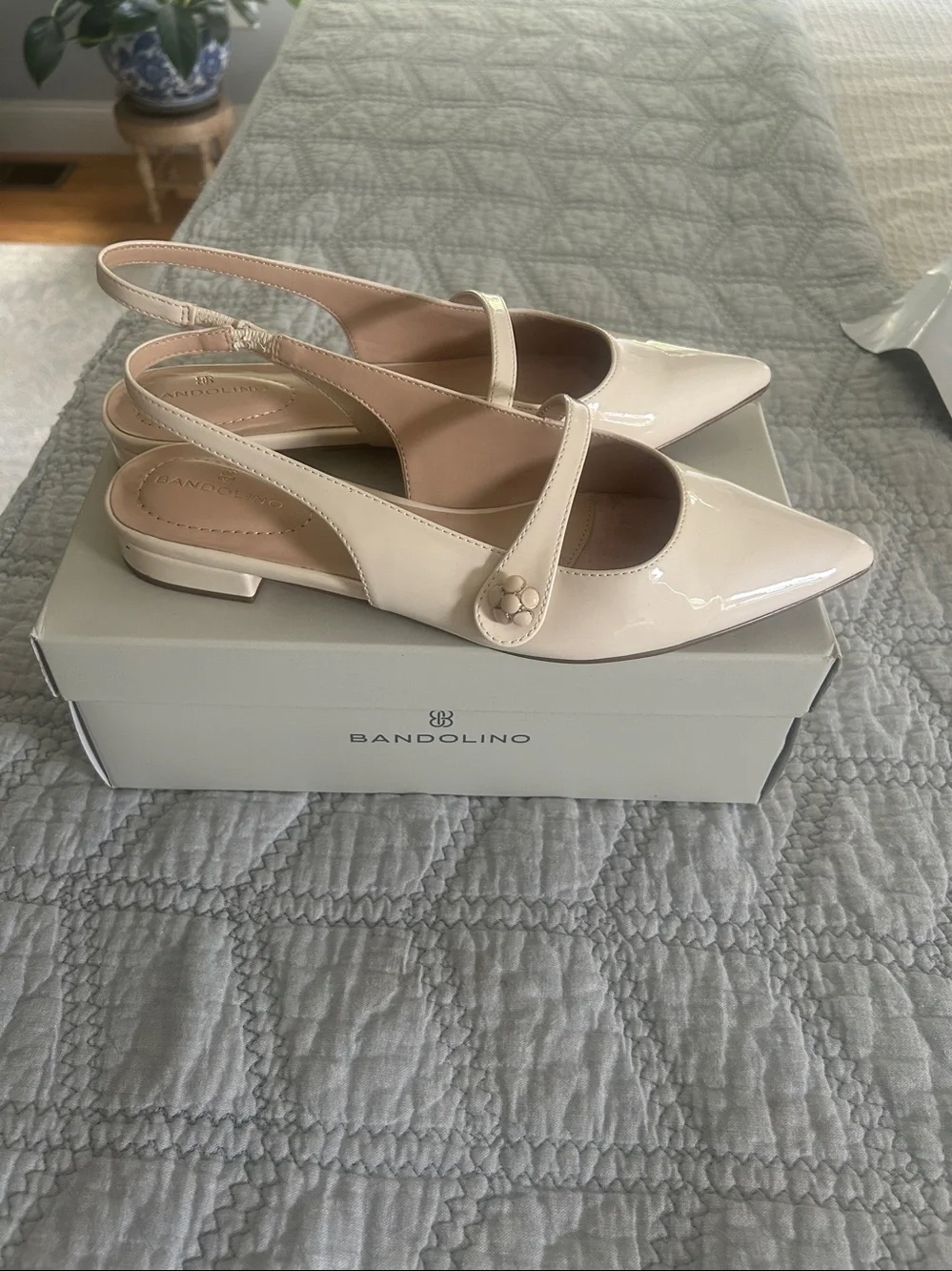 Bandolino Cream Pointed-Toe Slingback Flats with decorative Mary-Jane Strap